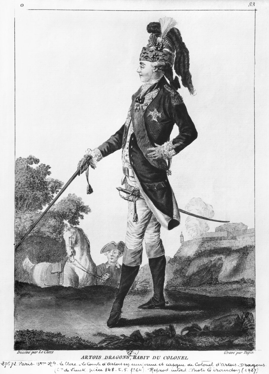 شارل فرنسا (1757-1836) كونت أرتواز ، مرتدياً القاشن والزي العسكري للعقيد من فوج أرتوا دراغونز ، الذي نقشه دوبين بواسطة لو كلير
