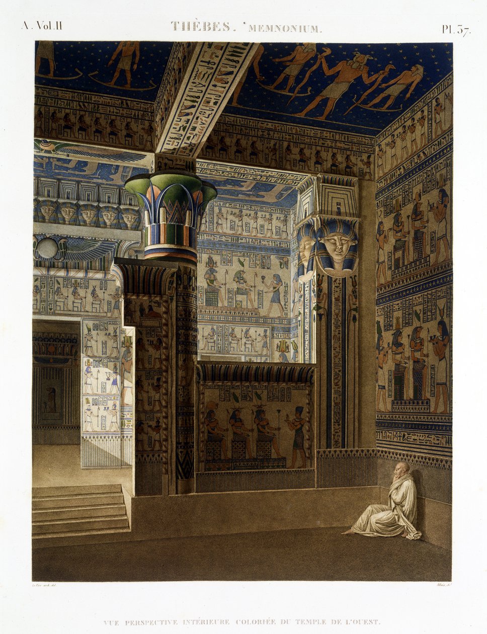 منظر داخلي للمعبد الغربي لميمونيوم ، طيبة ، اللوحة 37 من المجلد الثاني من "أوصاف مصر" ، محفورة بواسطة أليز ، 1822 (أكواتينت) بواسطة لو بيري