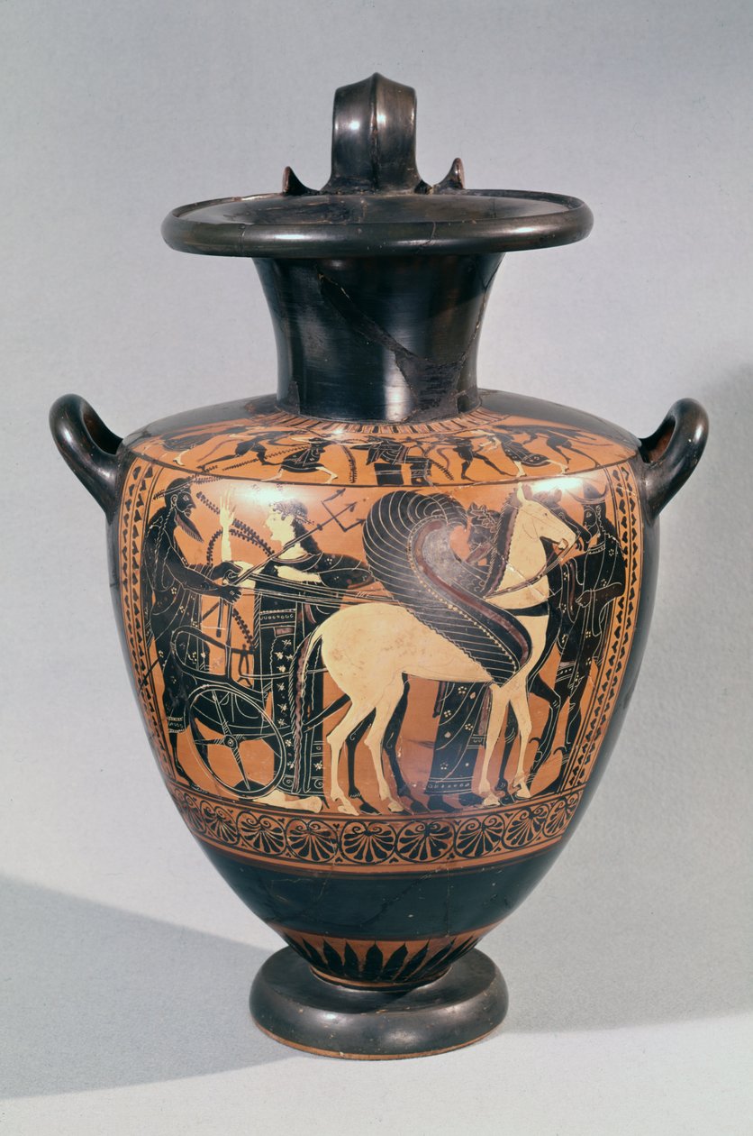 الشكل الأسود العلية Hydria يصور مشهد رحيل ، c.530-520 قبل الميلاد (الفخار) بواسطة مجموعة ليجروس
