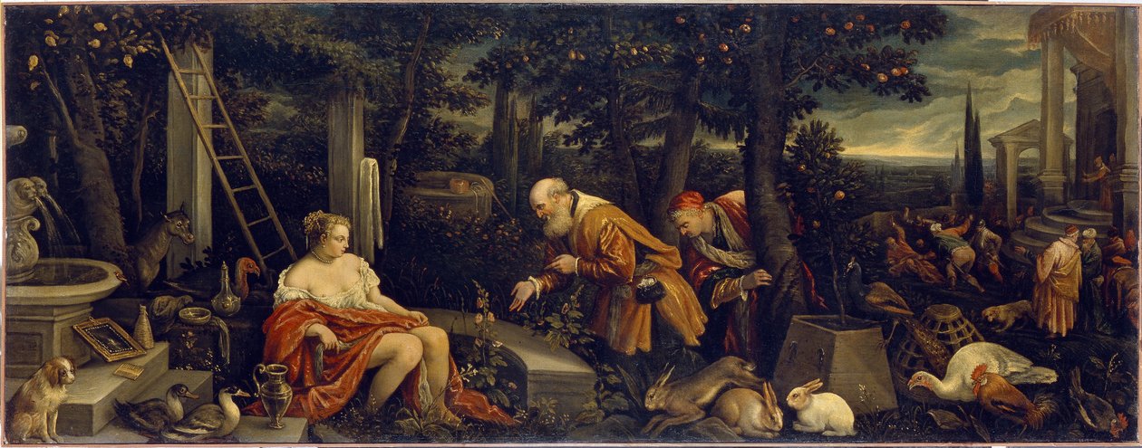 سوزانا والشيوخ. لوحة لياندرو باسانو (1557-1622) ، زيت على قماش ، حوالي 1580. الفن الإيطالي (البندقية) بواسطة لياندرو دا بونتي باسانو
