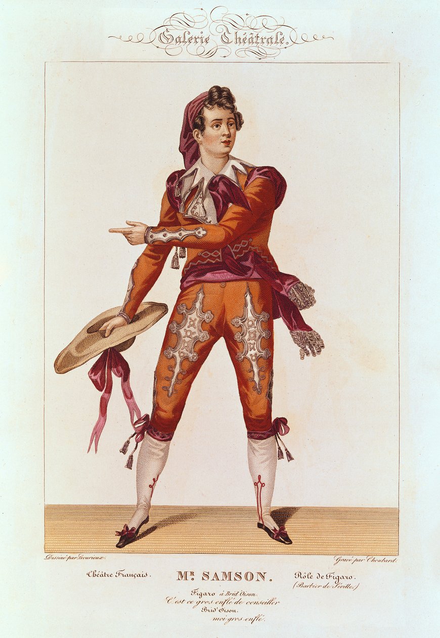 جوزيف إيزيدور سامسون (1793-1871) في دور فيجارو في "حلاق إشبيلية" ، نقشه شوبارد (fl.1810-30) بواسطة Lecurieux