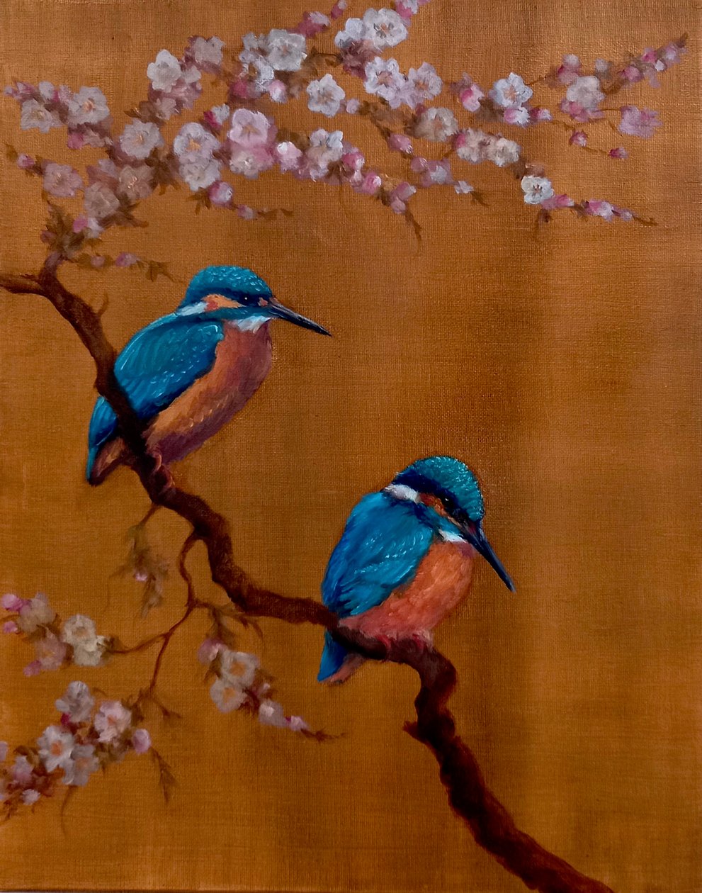 اثنان من Kingfishers & Apple Blossom ، 2021 (زيت على قماش) بواسطة لي كامبل