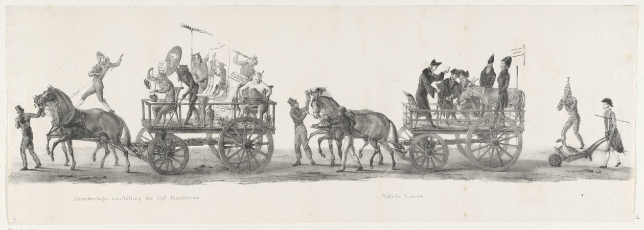 خمس كليات وترقية عامة ، 1835 التمثيل الرمزي للكليات الخمس / الترويج العام (العنوان على الكائن) وكانت العروض المنفصلة التي قدمها المسيرة التي أقامها صاحب السمو الملكي. طلاب مدرسة Leidsche Hoogeschool في 9 فبراير: 1 بواسطة ليندرت سبرينغر (أنا)