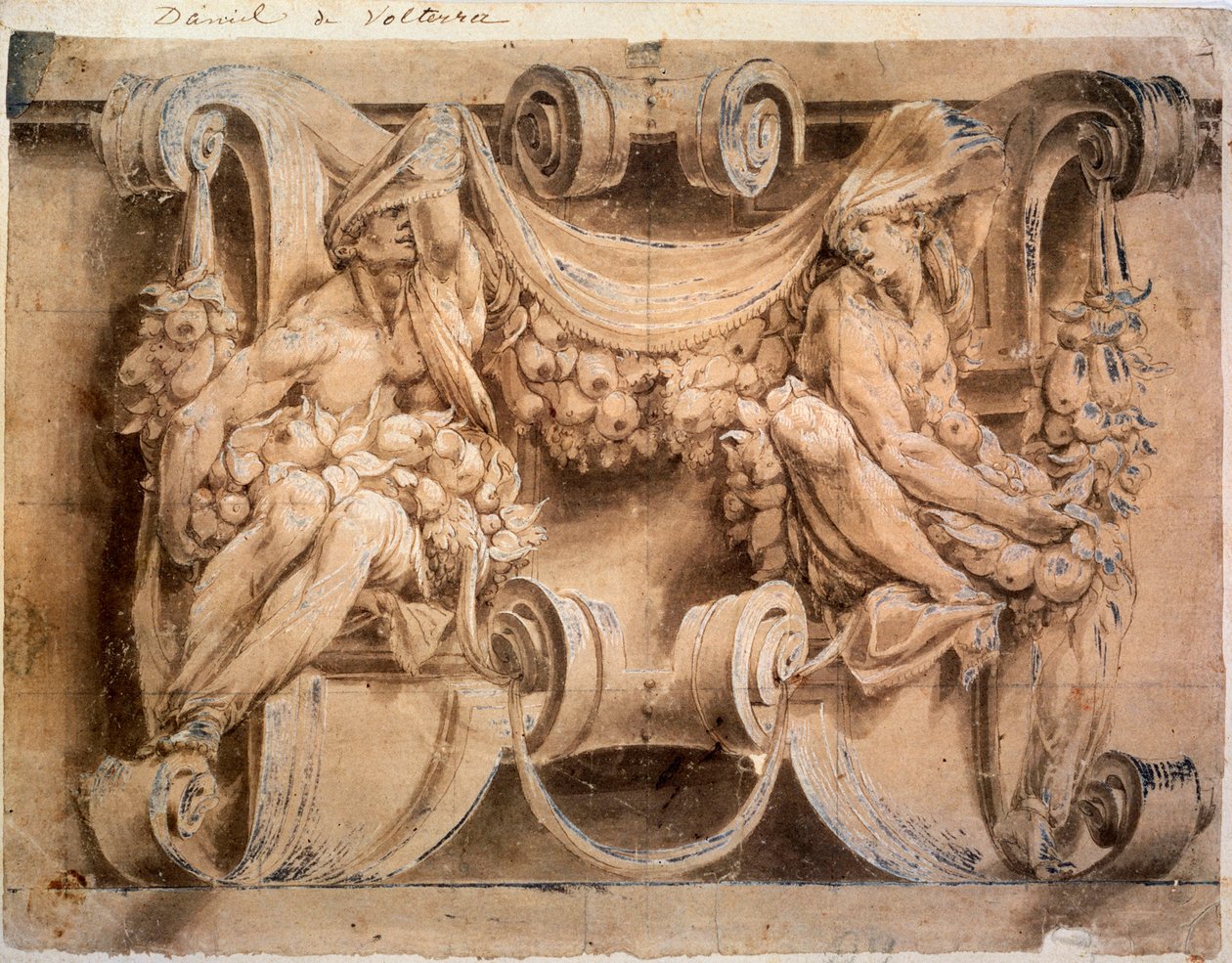 رسم للإفريز مع اثنين من cariatides ، 1546-1554. بواسطة Lelio Orsi da Novellara