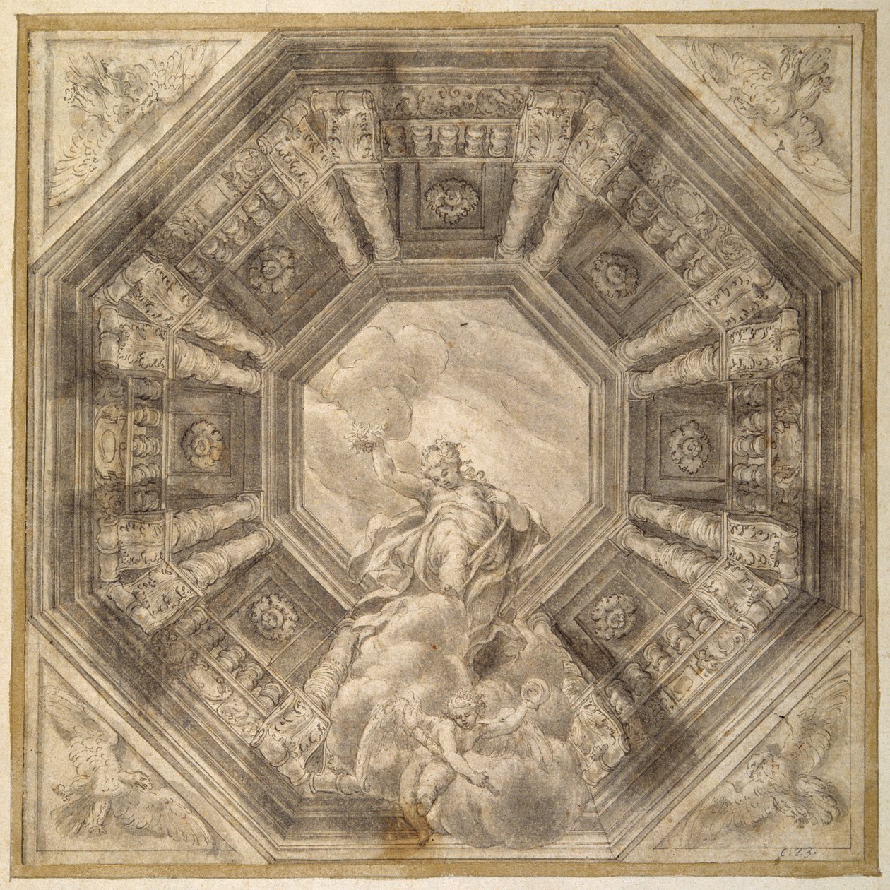 Study for the decoration of a ceiling (pen & brown ink with grey brown wash on white paper) بواسطة Lelio Orsi da Novellara