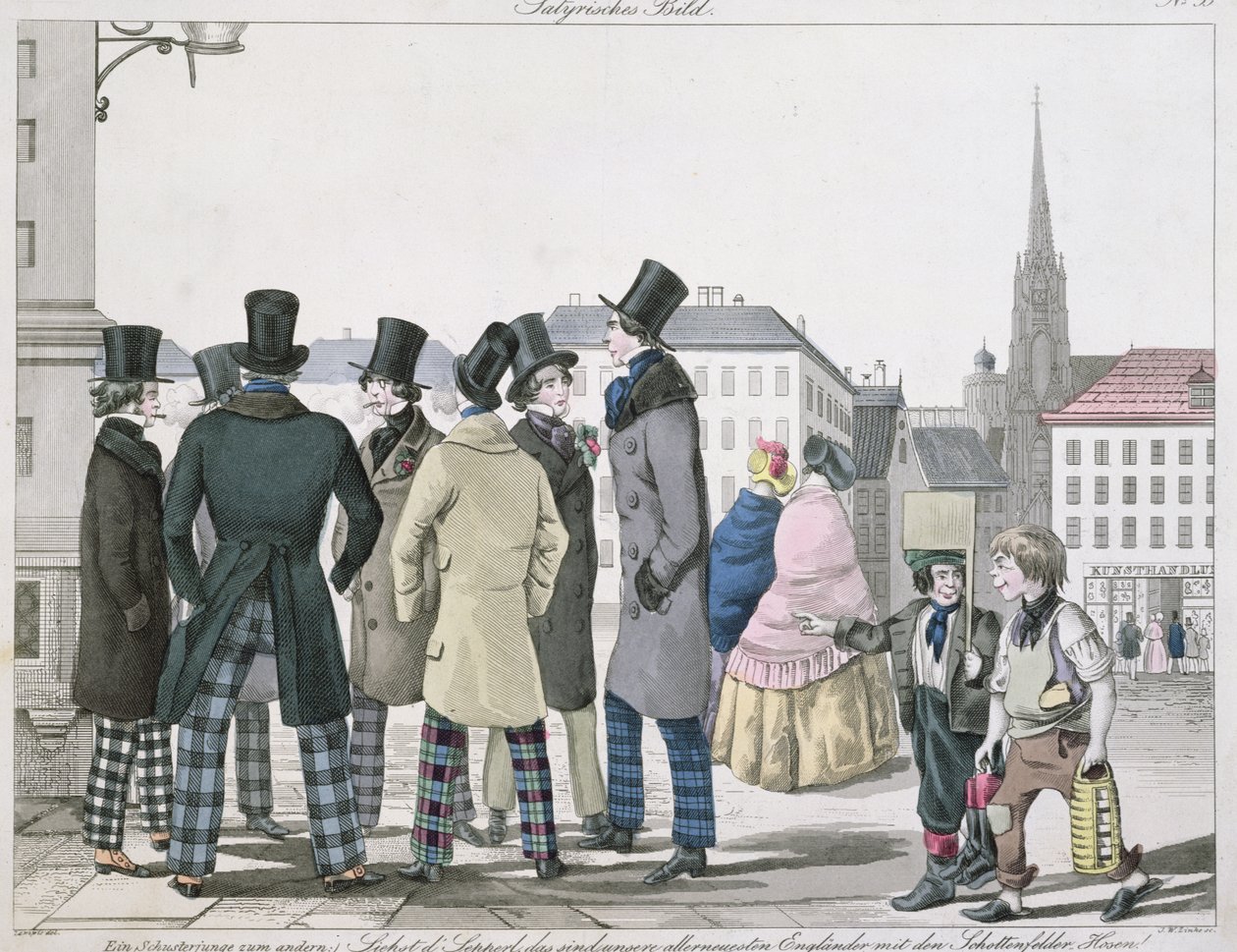 رجال أنيقون يرتدون سراويل اسكتلندية في شوارع فيينا ، نقشها JW Linke ، c.1840 بواسطة Lempis