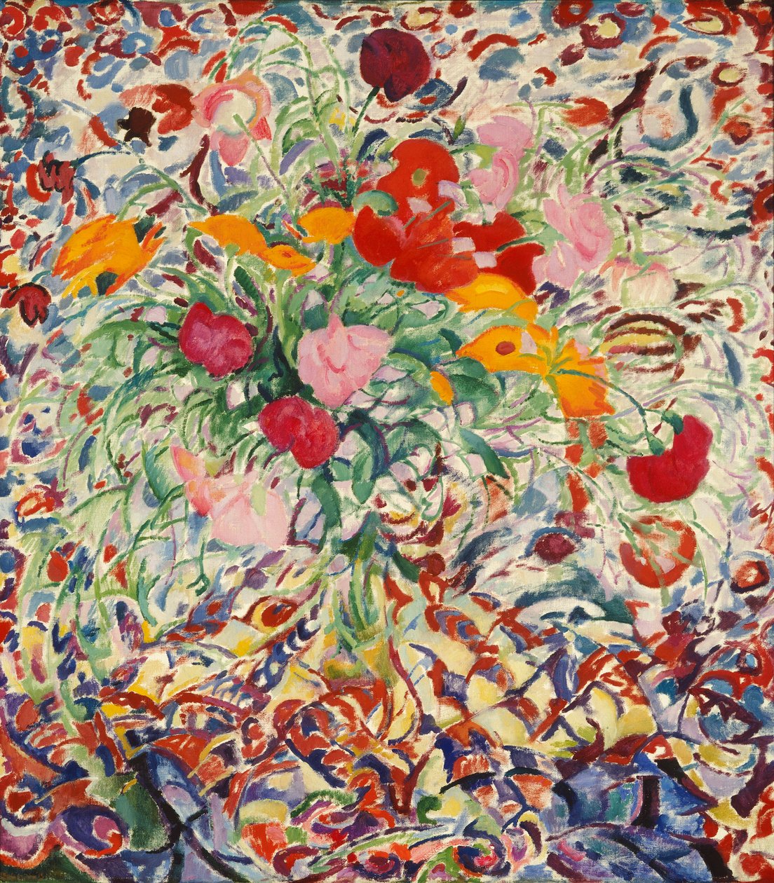 زهور أمام قماش مزهر بواسطة ليو جستل