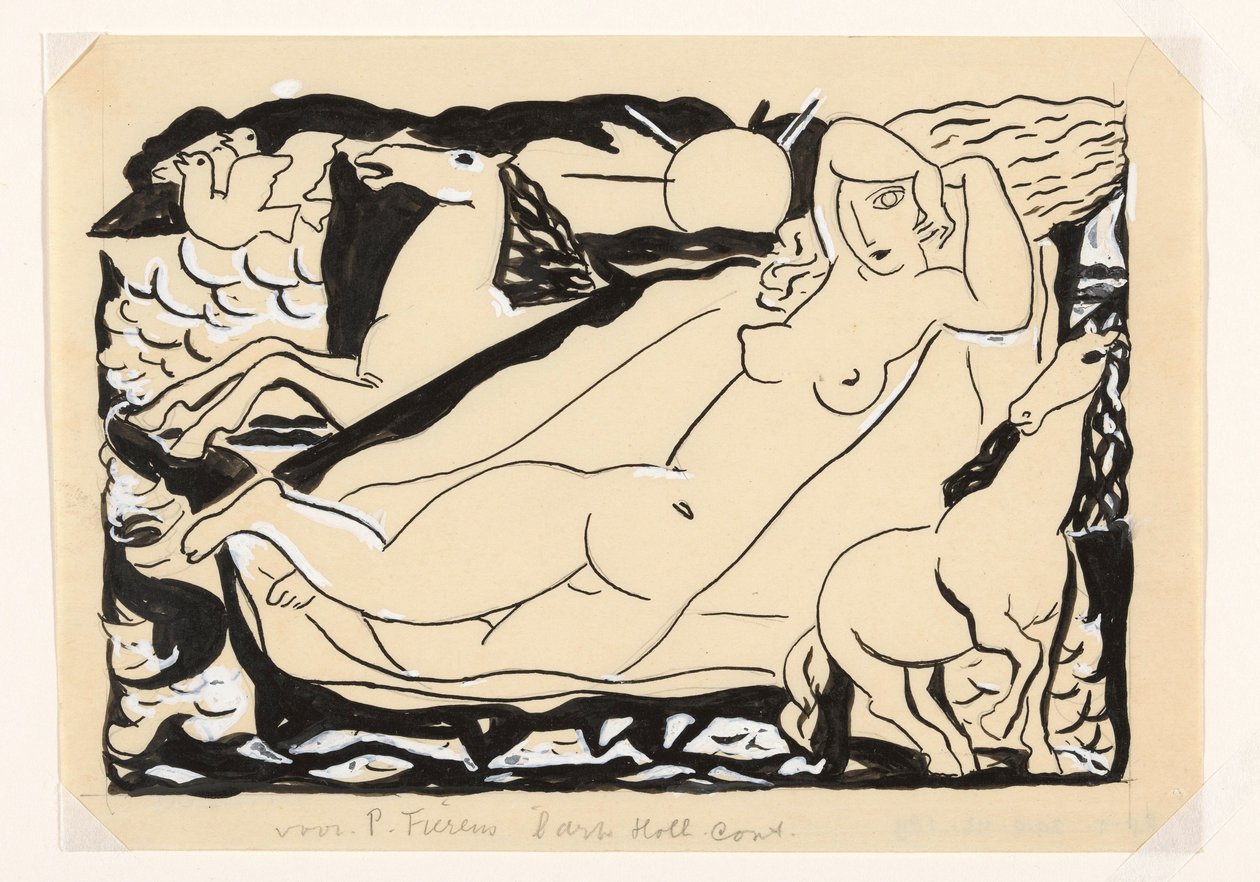 Venus Vignette لكتاب "L'art Hollandais contemporain" للكاتب Paul Fierens؛ تم تصوير مستلقٍ عارٍ مع حصانين وحمامين بواسطة ليو جستل