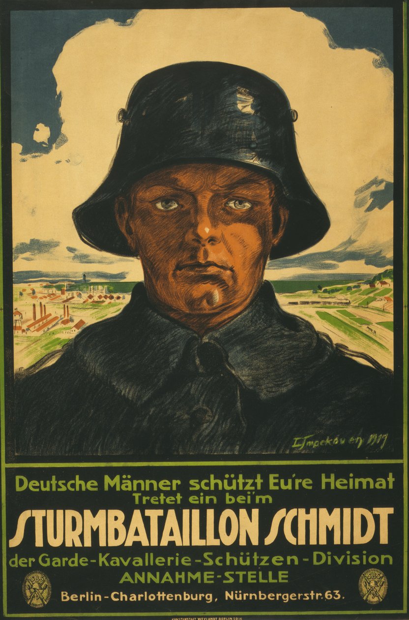 كتيبة العاصفة شميت ؛ الرجال الألمان يسكبون وطنك! 1919 (طباعة حجرية ملونة) بواسطة ليو إمبيكوفن