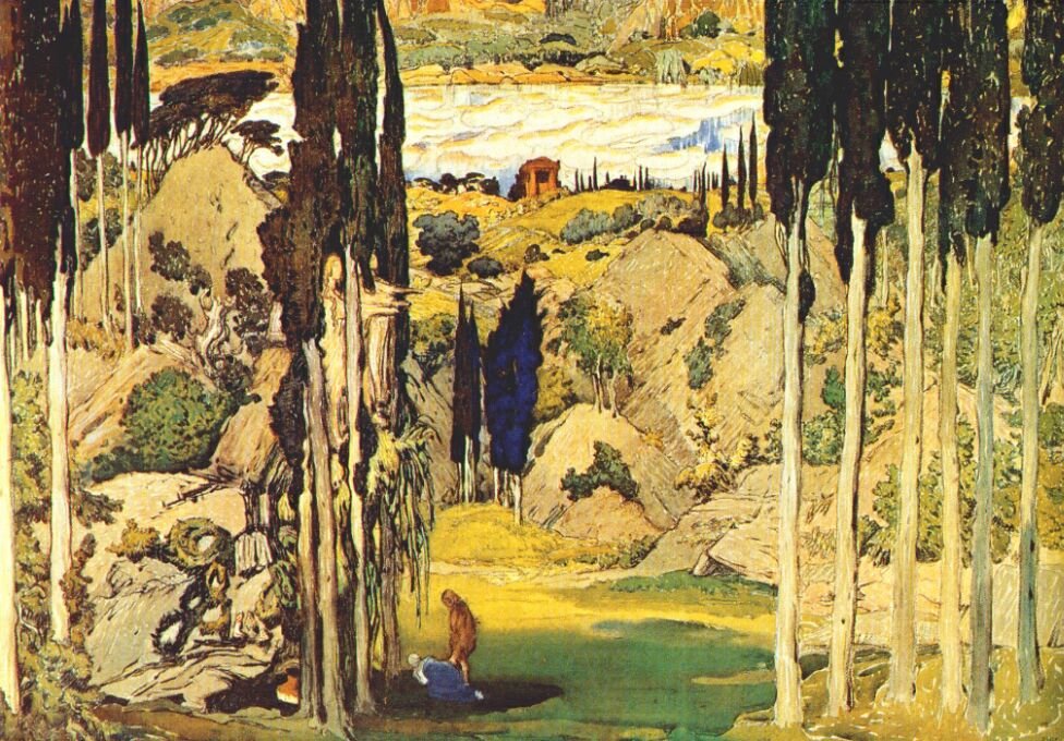 مجموعة تصميم للعرض الأول في العالم لموسيقى الباليه Daphnis et Chloe للمخرج موريس رافيل ، Parisn بواسطة ليون باكست
