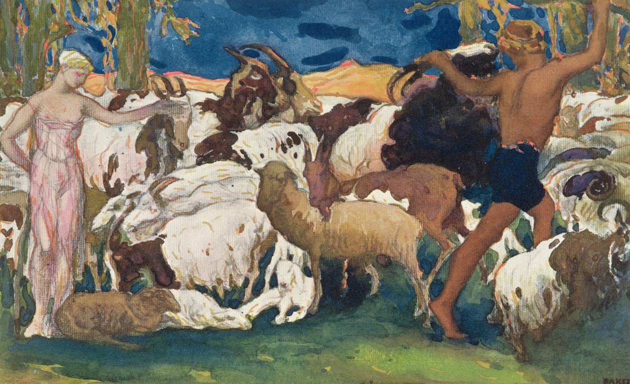 Daphnis and Chloe Bidding بعضهم البعض ليلة سعيدة ، تصميم لوحة زخرفية ، من Daphnis and Chloe ، c.1912 بواسطة ليون باكست