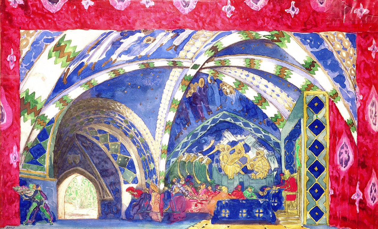 تعيين التصميم لـ "La Pisanelle، Ou La Mort Parfumee" من تأليف Gabriele d&39;Annunzio ، 1913 بواسطة ليون باكست