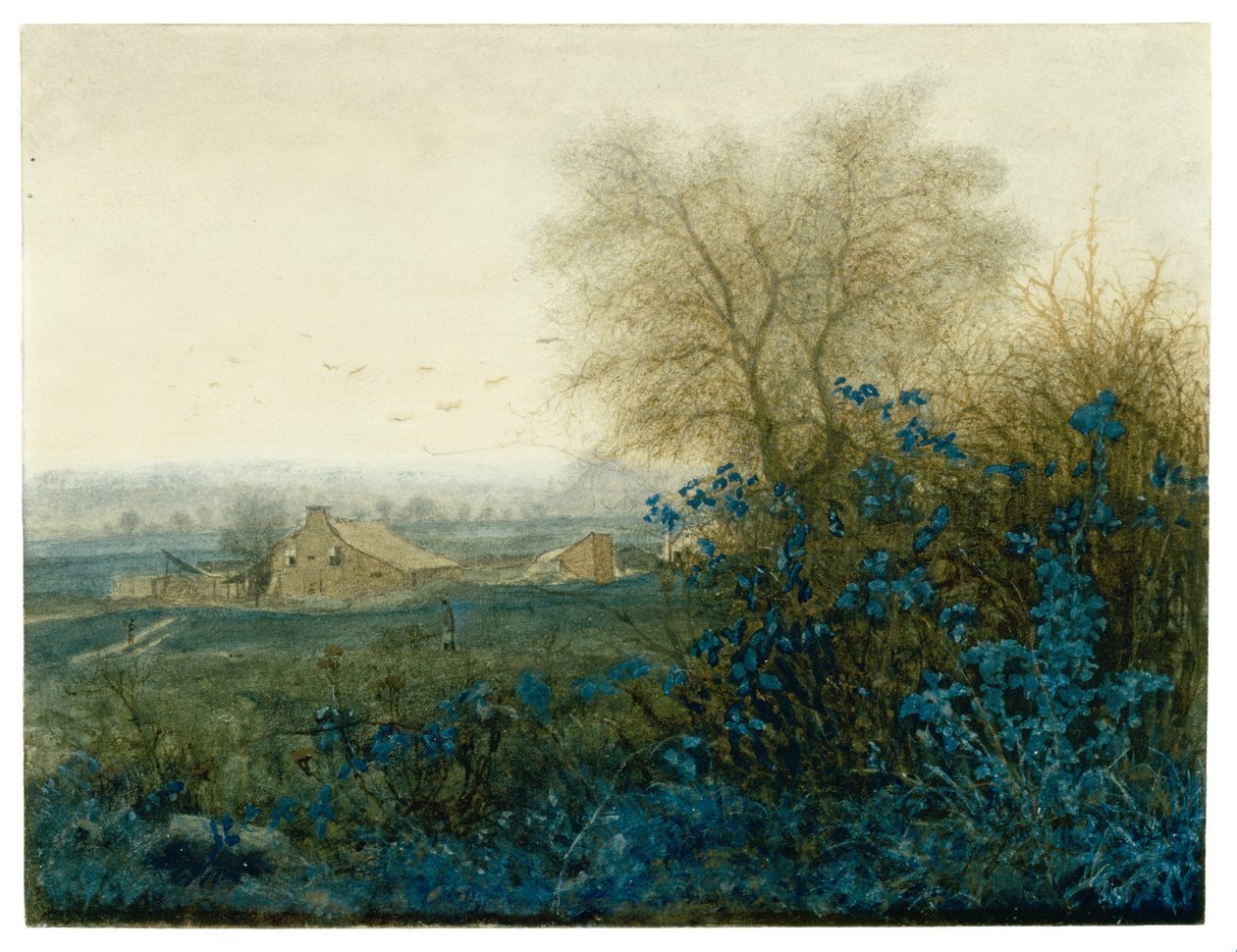 مناظر طبيعية مع مزرعة وفلاح ويلوين بارو ، 1865 (مرحاض مرتفع مع الغواش والقلم والحبر ذو اللون البني الداكن فوق الجرافيت مع حشو على الورق) بواسطة ليون بونفين