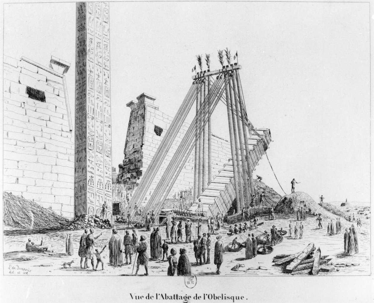 هدم المسلة من معبد الأقصر ، من Campagne Pittoresque de Luxor ، 1835 بواسطة ليون دي جوانيس