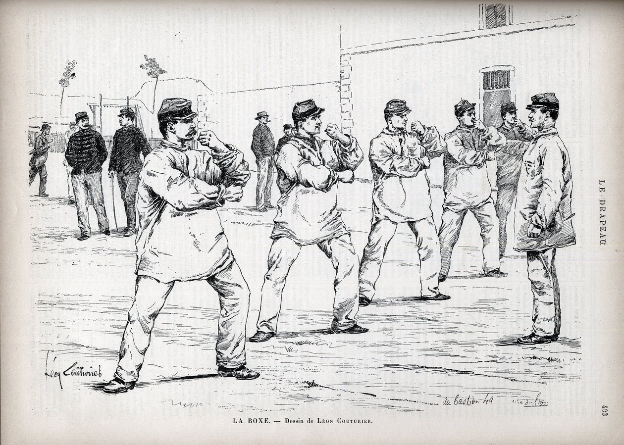 لا بوكسينغ - الجيش الفرنسي - رسم ليون كوتورييه (1842-1935) - لـ "The Flag" - مراقب رابطة الوطنيين "- 22 أغسطس بواسطة ليون أنطوان لوسيان كوتورييه