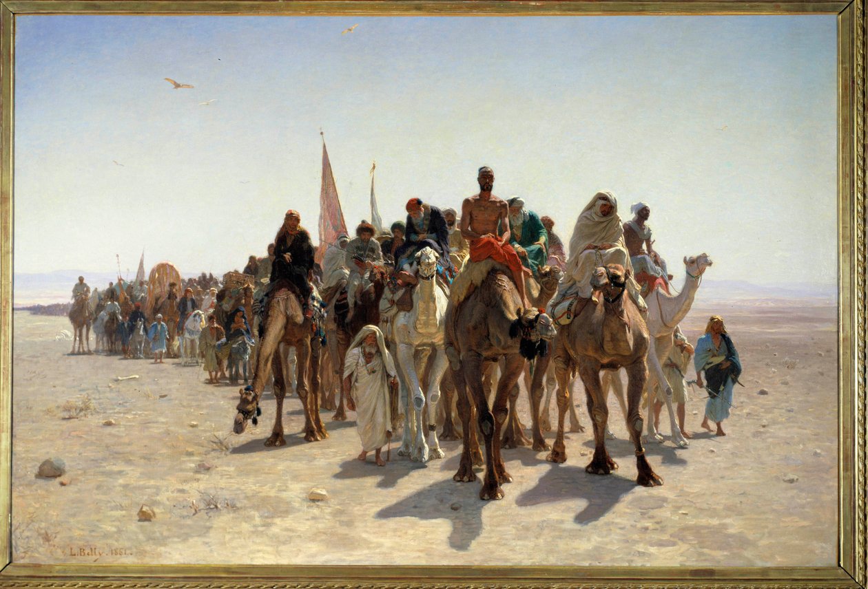 Pelerins going to Mecca Carvane from travelers on camels in the desert. Painting by Leon Auguste Adolphe Belly (1827-1877) 1861 Sun. 1,6x2,4 m Paris, musee d