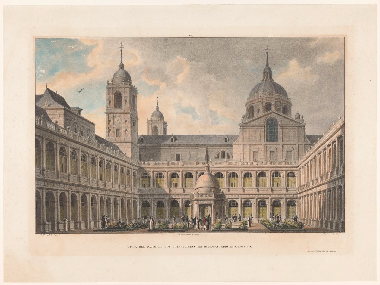 Zicht op de Patio de los Evangelistas van het Monastery of San Lorenzo de El Escorial منظر لمحكمة الإنجيليين في R. Monasterio de S. Lorenzo (العنوان على الجسم) بواسطة ليون أوغست أسلينو