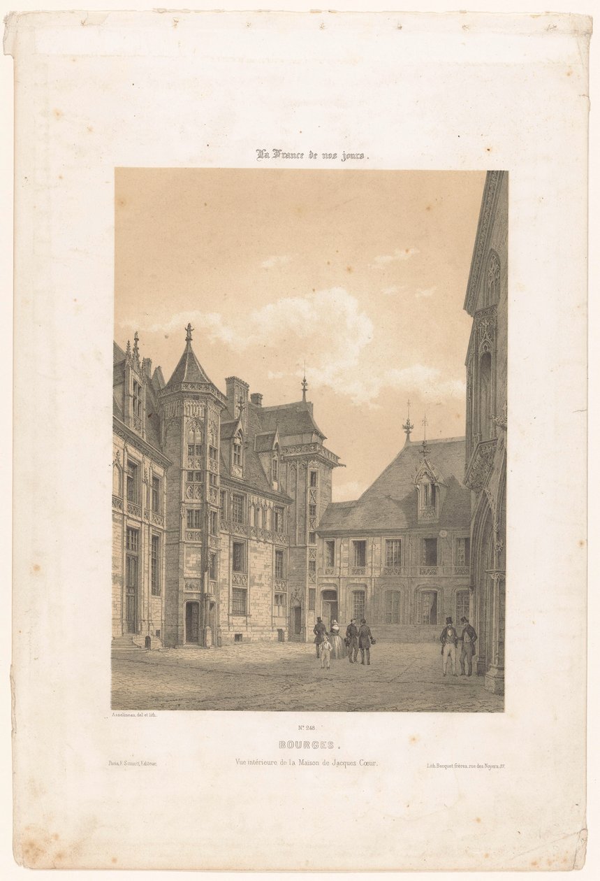 منظر لساحة قصر جاك كور في بورجيه بورجيه. Vue intérieure de la maison de Jacques Coeur (العنوان على الكائن) فرنسا المعاصرة (عنوان المسلسل) La France de nos jours (عنوان السلسلة على الكائن) بواسطة ليون أوغست أسلينو