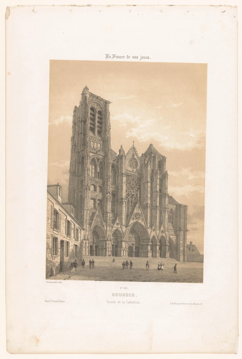 منظر لواجهة الكاتدرائية في بورجيه بورجيه. Façade de la cathédrale (العنوان على الكائن) فرنسا المعاصرة (عنوان المسلسل) La France de nos jours (عنوان السلسلة على الكائن) بواسطة ليون أوغست أسلينو