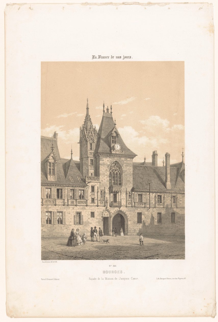 منظر لواجهة قصر جاك كور في بورجيه بورجيه. Façade de la maison de Jacques Coeur (العنوان على الكائن) فرنسا المعاصرة (عنوان المسلسل) La France de nos jours (عنوان السلسلة على الكائن) بواسطة ليون أوغست أسلينو