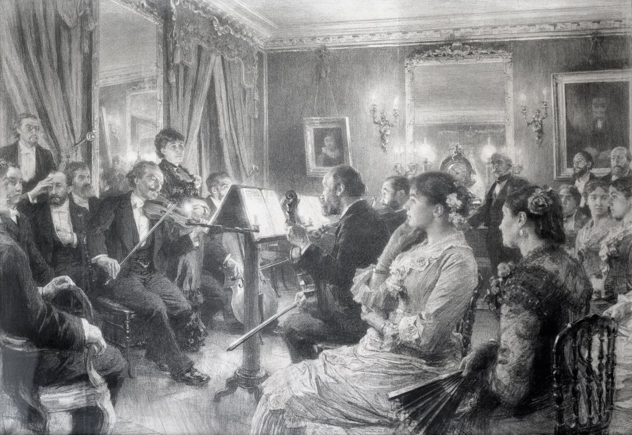 الرباعية أو المساء الموسيقي في بيت أموري دوفال ، 1881 (فحم على ورق) بواسطة ليون أوغسطين ليرميت