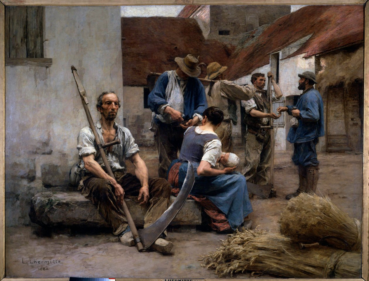 The payroll of peasant harvesters in a farm yard, one of them holds a fake. Painting by Leon Augustin Lhermitte (1844-1925) 1882 Sun. 2,15x2,72 m Paris, musee d