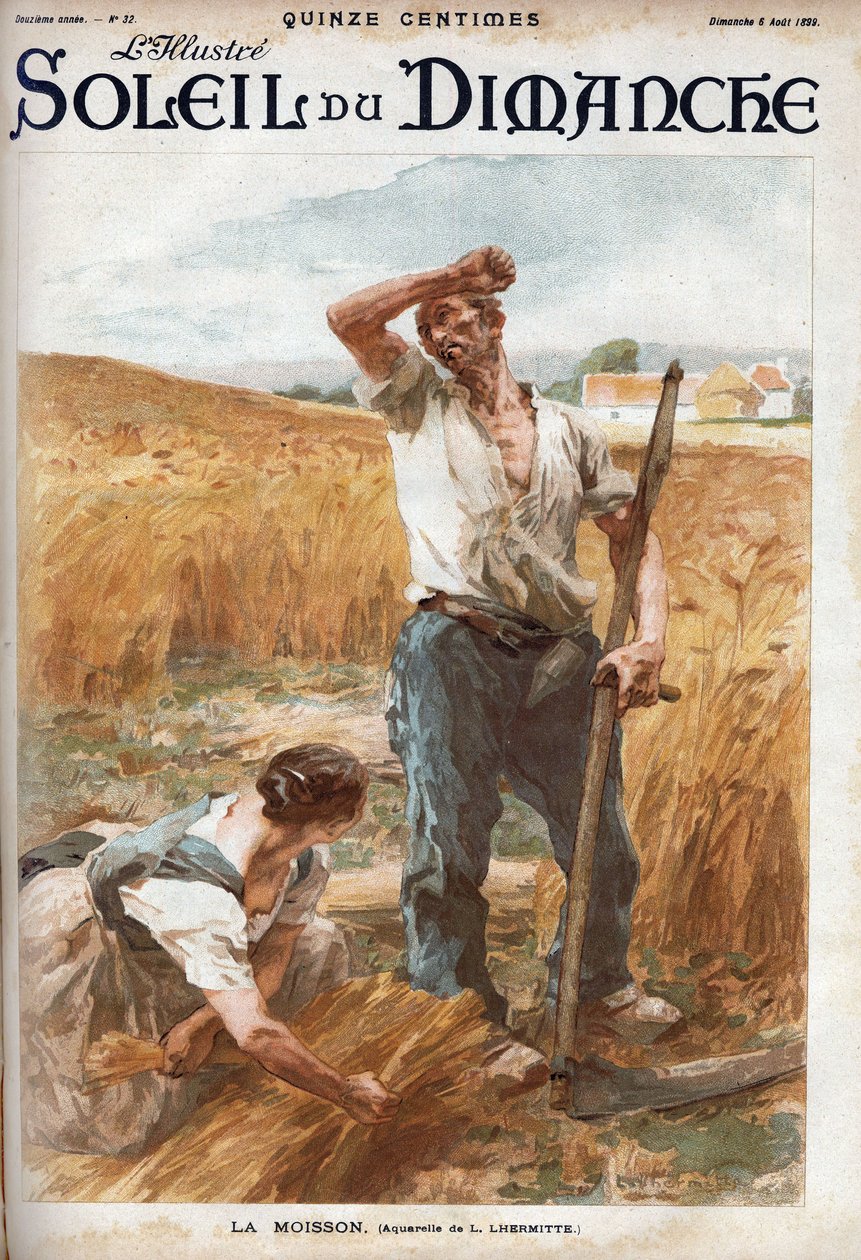 الحصاد. الفلاحون يجزون القمح في الحقل. (استنادًا إلى الرسم المائي لـ L. Lhermitte) نقش في "" Le sun-du-dimanche "، 6 أغسطس بواسطة ليون أوغسطين ليرميت