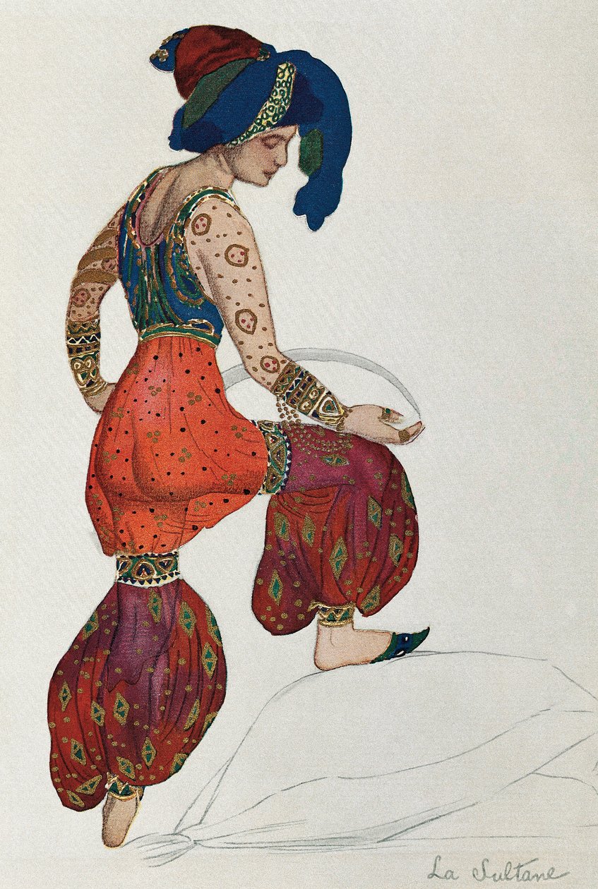 زي فاسلاف نيجينسكي أو نيجينسكي (1889-1950) لشخصية السلطان في باليه "شهرزاد" 1910 (ألوان مائية على ورق) بواسطة ليون باكست