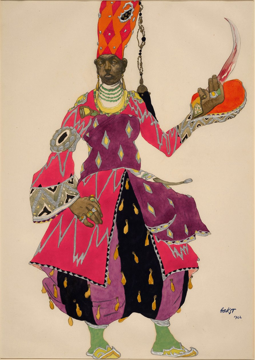 زي Eunuque "Eunuch" لباليه شهرزاد (شهرزاد) لنيكولا (نيكولاي) ريمسكي كورساكوف (ريمسكي كورساكوف) 1922 (ألوان مائية). زي لباليت شهرزاد (شهرزاد) لنيكولاس (نيكولاي) ريمسكي كورساكوف (ريمسكي كورساكوف) (1844-1908) بواسطة ليون باكست