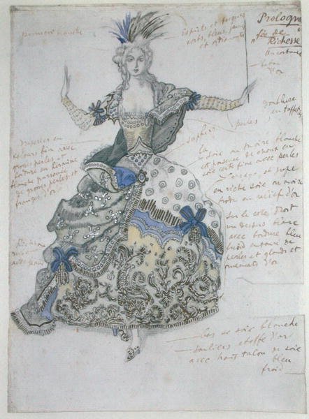 La Belle au Bois Dormant ، تصميم زي لـ "La Fee de Richesse" (ألوان مائية فوق قلم رصاص مزينة بالأبيض والذهبي على الورق) بواسطة ليون باكست