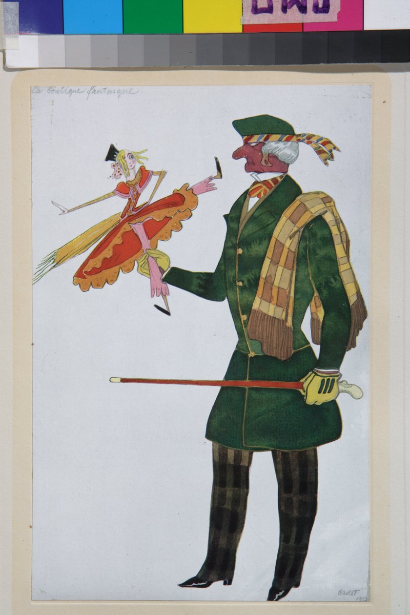 الرجل الإنجليزي ، زي الباليه لا بوتيك فانتاسك لجيوشينو روسيني - عمل ليون باكست (1866-1924) ، ليثوجراف 1919 - (تصميم أزياء الباليه "متجر الألعاب السحرية" لجيوشينو روسيني ، ليون باكست ، طباعة حجرية ملونة بواسطة ليون باكست