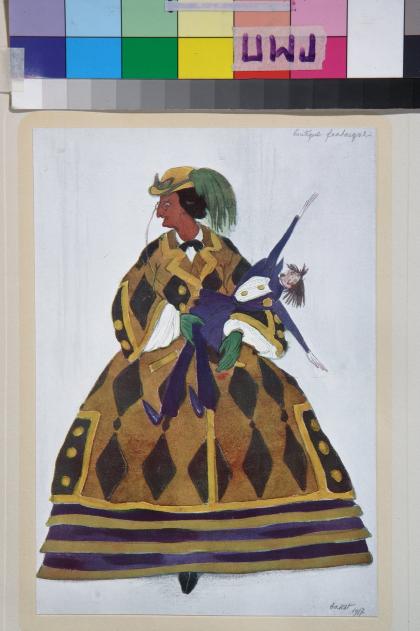 المرأة الإنجليزية ، زي الباليه لا بوتيك فانتازك لجيوشينو روسيني - عمل ليون باكست (1866-1924) ، الطباعة الحجرية 1919 - (تصميم أزياء الباليه "" متجر الألعاب السحرية "لجيوشينو روسيني ، بواسطة ليون باكست ، طباعة حجرية ملونة بواسطة ليون باكست