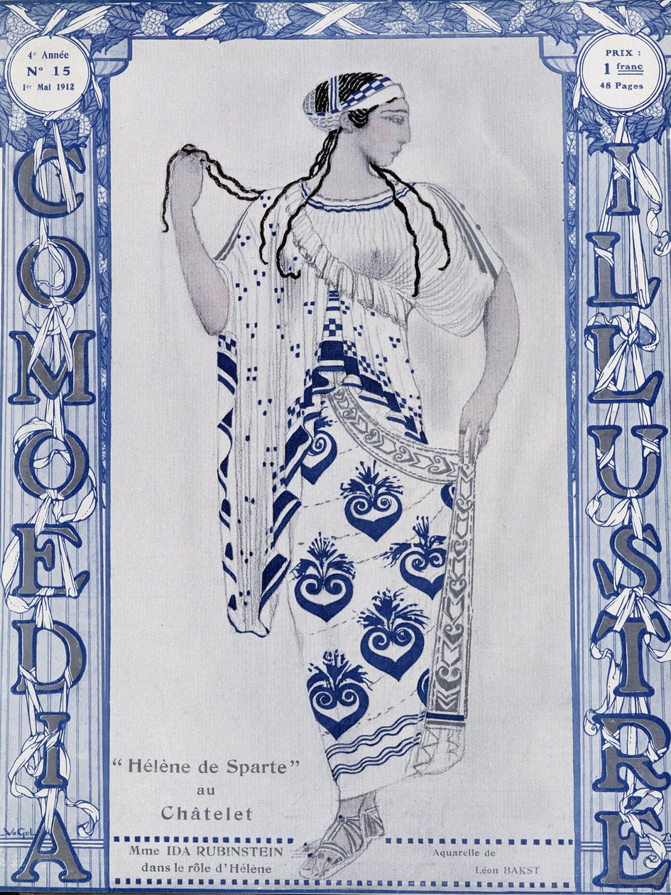 Les Ballets Russes: هيلين من سبارتا في Chatelet ، الآنسة Ida Rubinstein في دور Helen - ألوان مائية بواسطة Bakst ، cov. في "" Comoedia Illustrated "" بواسطة ليون باكست