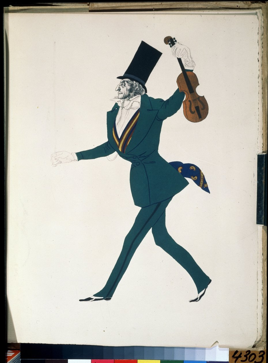 نيكولو باغانيني (1782-1840) ، زي رقص الباليه "الليلة السحرية" لفريدريك شوبان (1810-1849) (نيكولو باغانيني ، تصميم أزياء رقص الباليه The Magic Night للفنان F. Chopin). رسم ليون باكست (1866-1924). جواش وحبر على ورق بواسطة ليون باكست