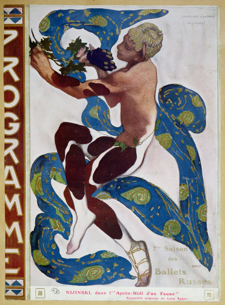 زي فاين من Nijinsky في "L&39;Apres Midi d&39;un Faune" من تأليف كلود ديبوسي (1862-1918) من الغلاف الأمامي لبرنامج الموسم السابع من "Ballets Russes" ، 1912 بواسطة ليون باكست