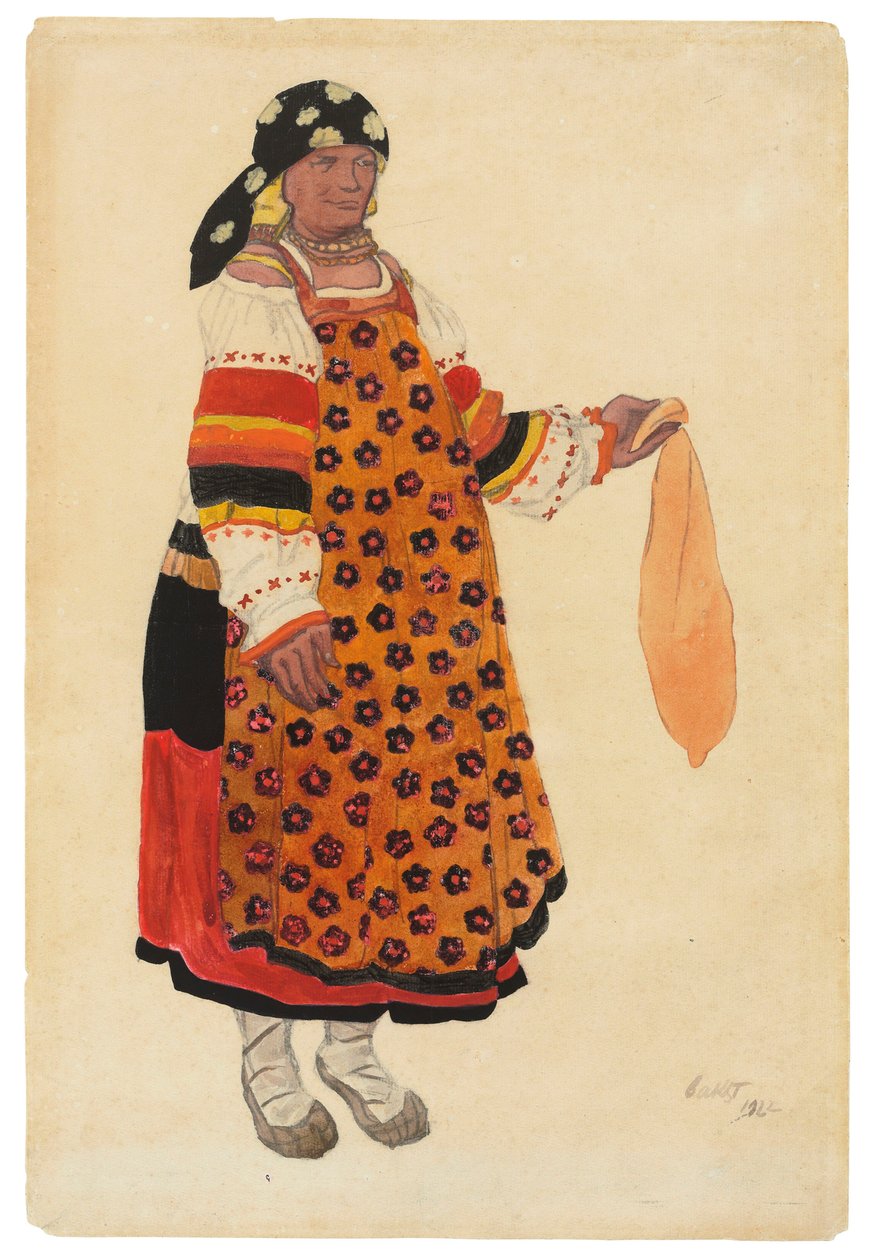 امرأة فلاحية. تصميم أزياء لفودفيل موسكو القديمة في مسرح فيمينا ، باريس ، 1922. بواسطة ليون باكست