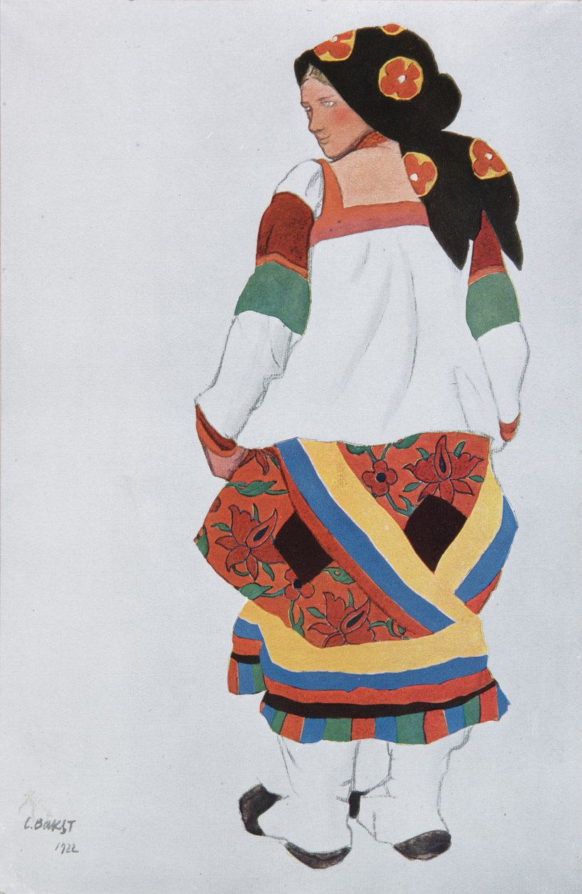 امرأة فلاحية. تصميم أزياء لفودفيل موسكو القديمة في مسرح فيمينا في باريس ، 1922 بواسطة ليون باكست