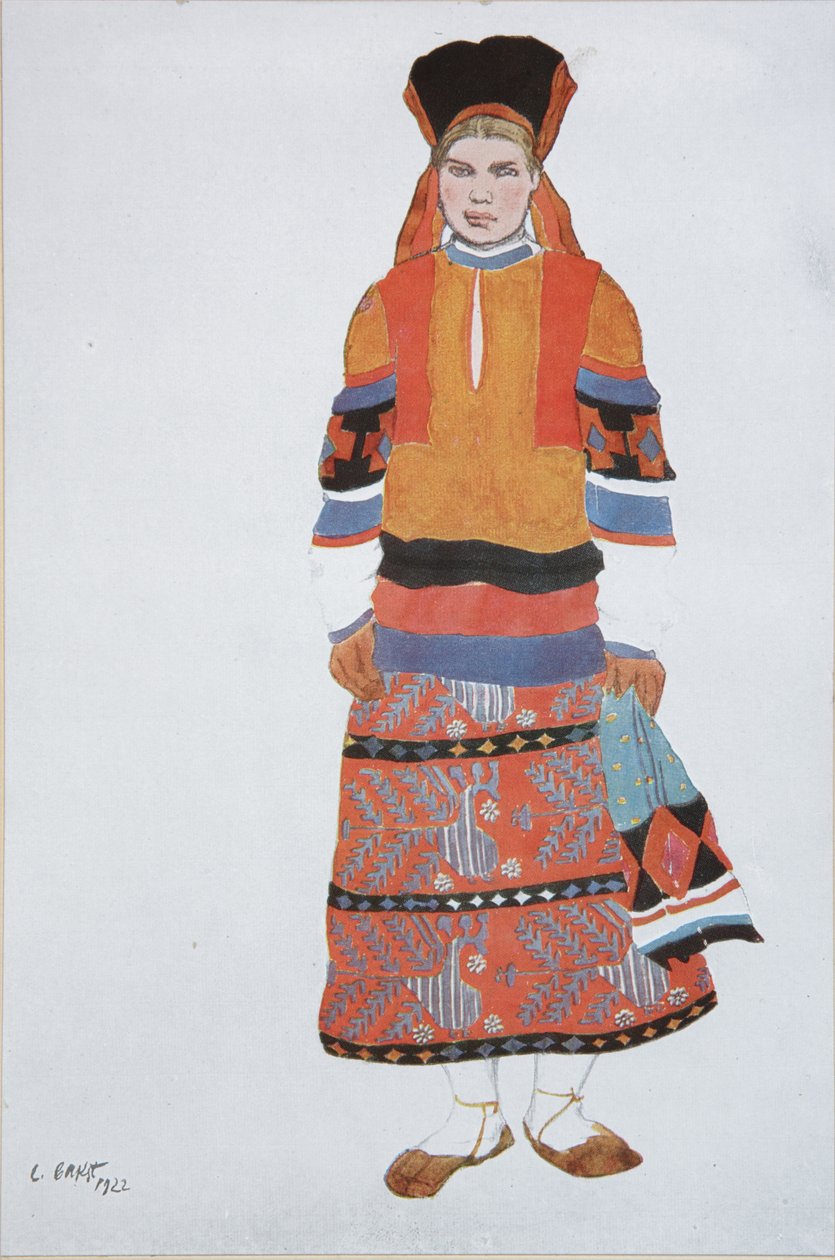 امرأة فلاحية. تصميم أزياء لفودفيل موسكو القديمة في مسرح فيمينا في باريس ، 1922 بواسطة ليون باكست