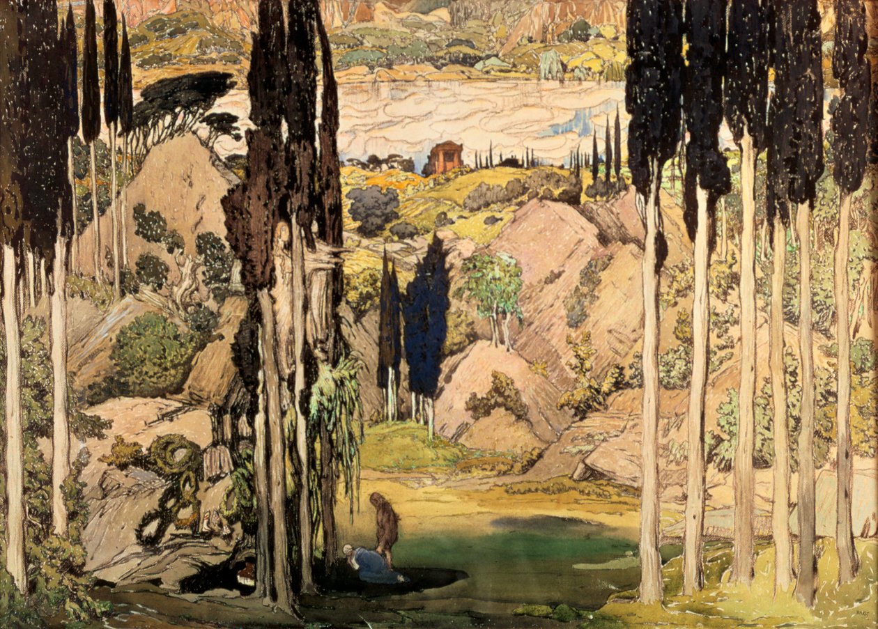 مجموعة تصميم للقانون الثاني لإنتاج راقصات الباليه رافيل دافنيس وكلوي ، 1912 بواسطة ليون باكست