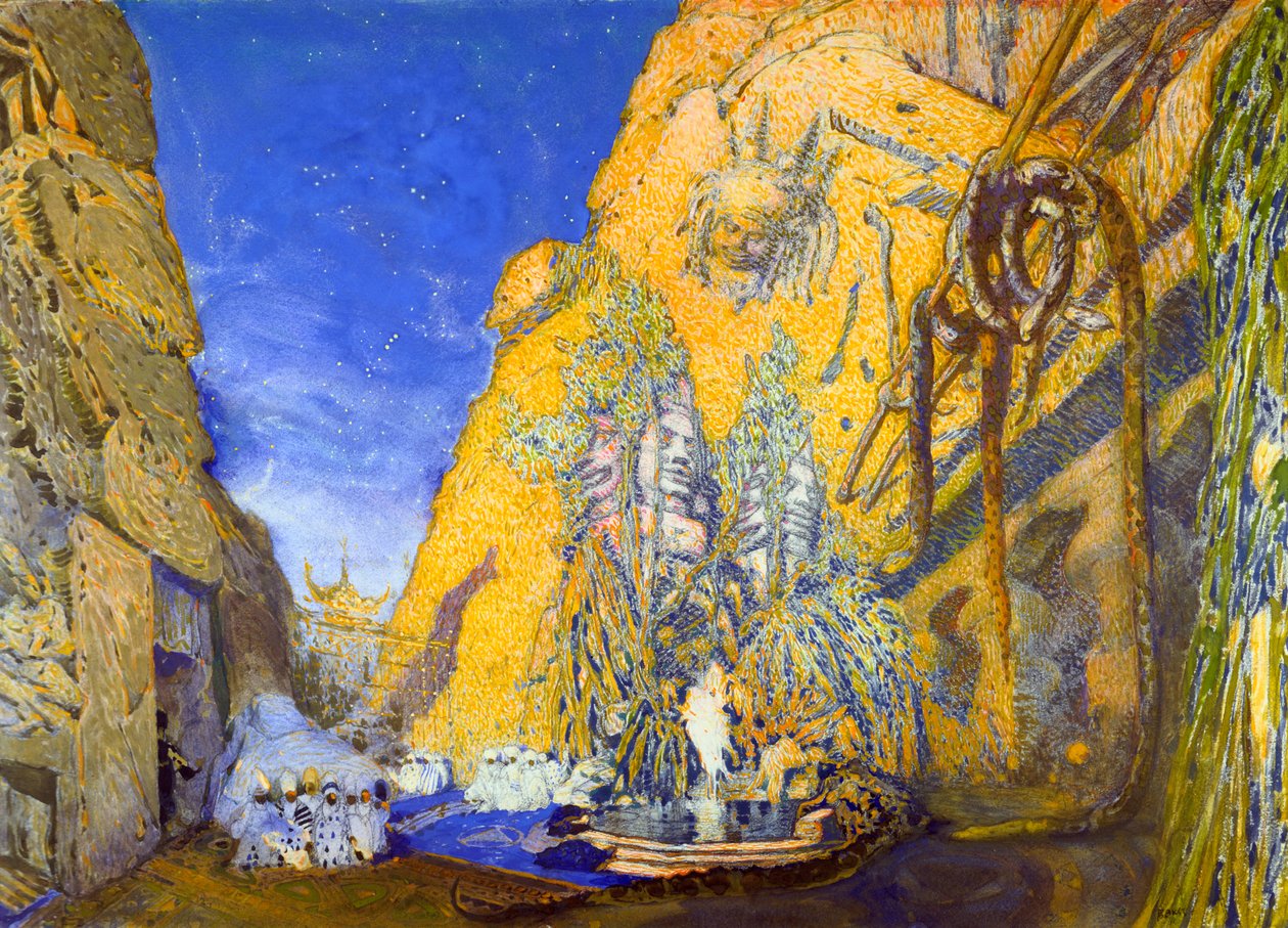 مجموعة تصميم لإنتاج باليه روس لإنتاج Le Dieu Bleu The Blue God ، 1911 بواسطة ليون باكست