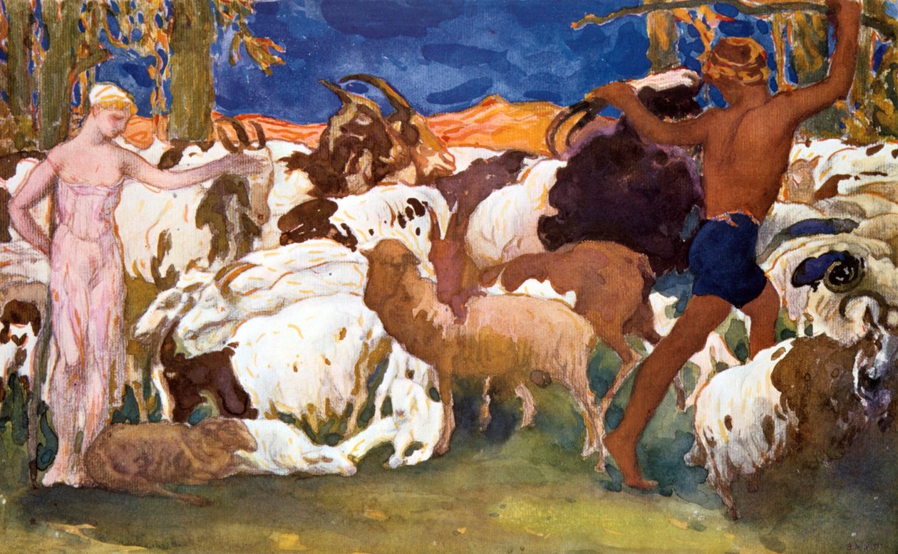 مجموعة تصميم لإنتاج باليه روس من Ravels Daphnis et Chloe ، 1912 بواسطة ليون باكست