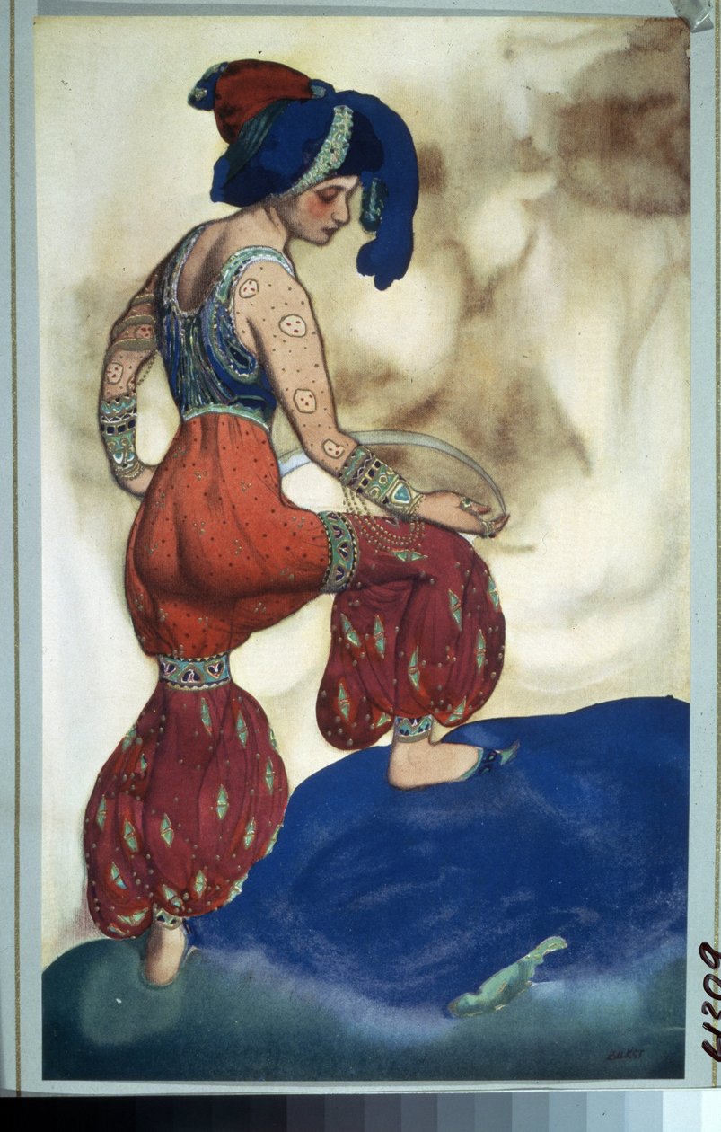 سلطان ، زي باليه "شهرزاد" لنيكولاس (نيكولاي) ريمسكي كورساكوف (ريمسكي كورساكوف) (1844-1908) من فيلم ما بعد حكايات الألف ليلة وليلة. أميرة بريمسكي كورساكوف (ريمسكي كورساكوف). رسم ليون باكست (1866-1924). جواش وذهب بواسطة ليون باكست