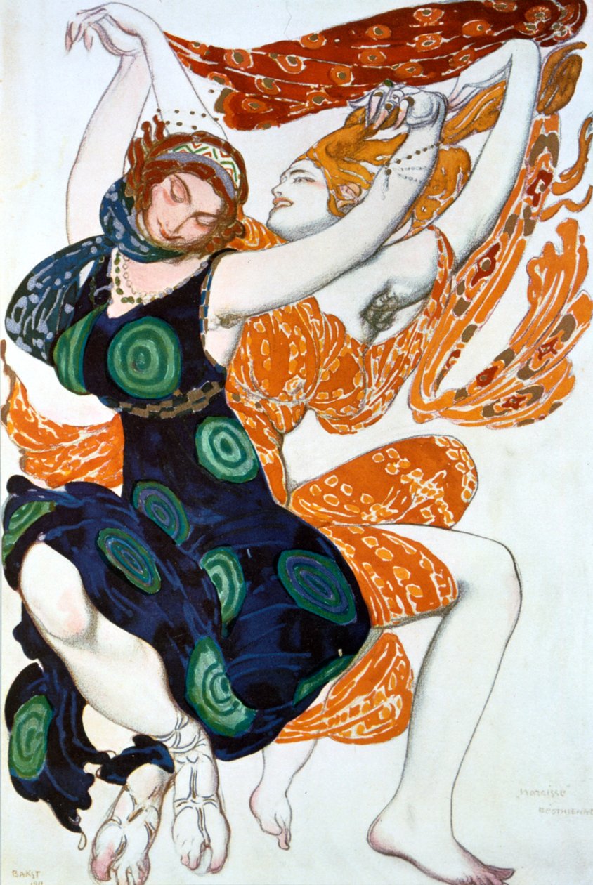 اثنان من Bacchantes ، تصميم الأزياء لإنتاج باليه روس لإنتاج Tcherepnins Narcisse ، 1911 بواسطة ليون باكست