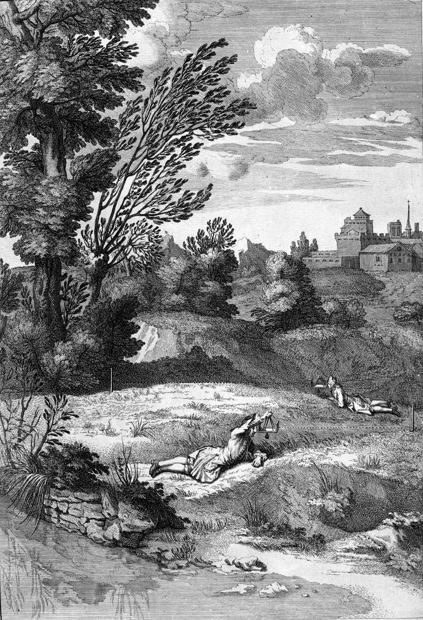 معالجة على الهندسة المعمارية ، يقوم رجلان مستلقيان على الأرض بإجراء حسابات ربما لقياس المغناطيسية وقياس الجاذبية في قطعة أرض: لوحة مستمدة من "De Architectura Libri decem" بواسطة ليون باتيستا ألبيرتي (1404-1472) ، مهندس معماري وعالم رياضيات وإيطال بواسطة ليون باتيستا ألبيرتي