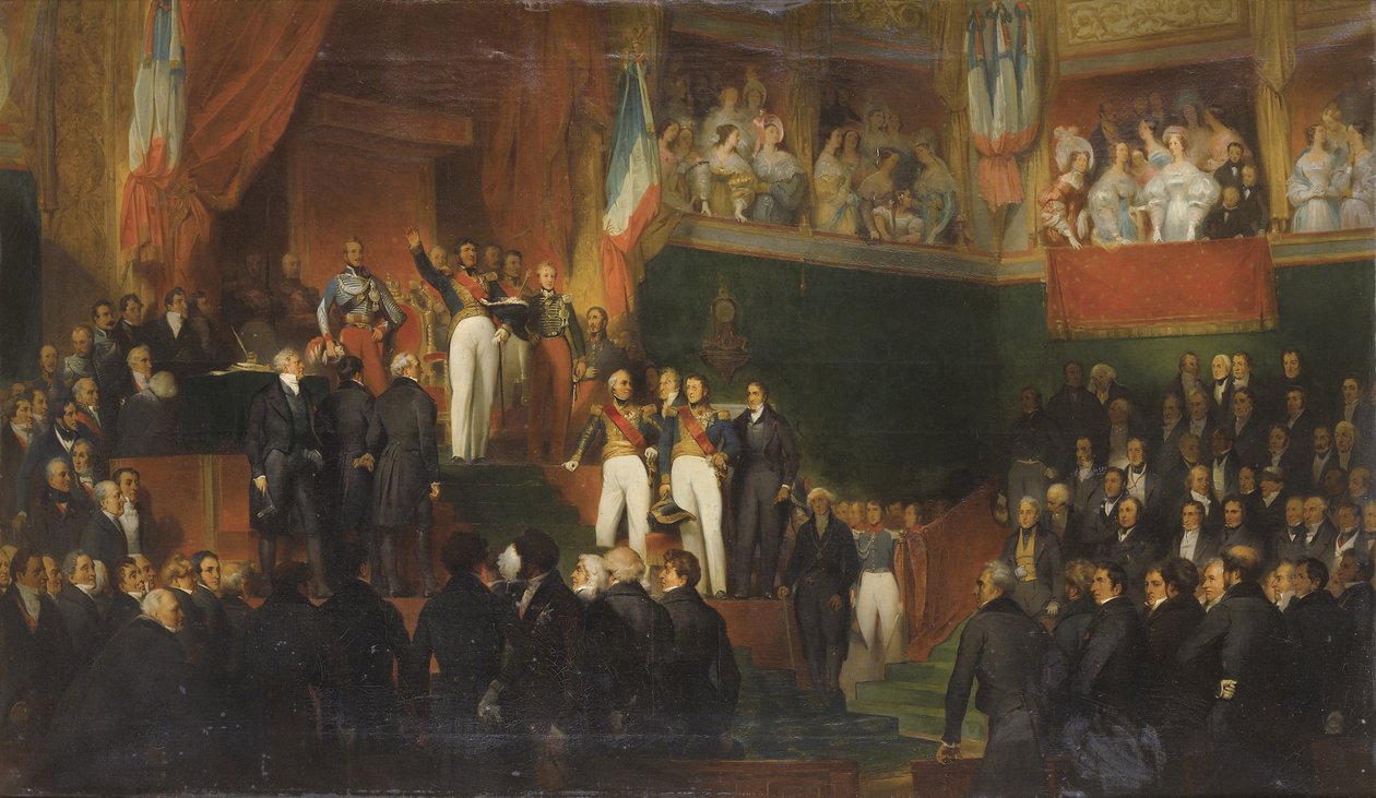 لويس فيليب (1773-1850) أقسم العهد القديم للحفاظ على ميثاق 1830 في وجود الغرف ، 9 أغسطس 1830 لوحة رسمها ليون-جان-باسيل بيرول واستوديوه - لويس فيليب الأول يؤدي اليمين كملك قبل مجلس النواب ، 9 أغسطس 1830 م بواسطة ليون بازيل بيرولت