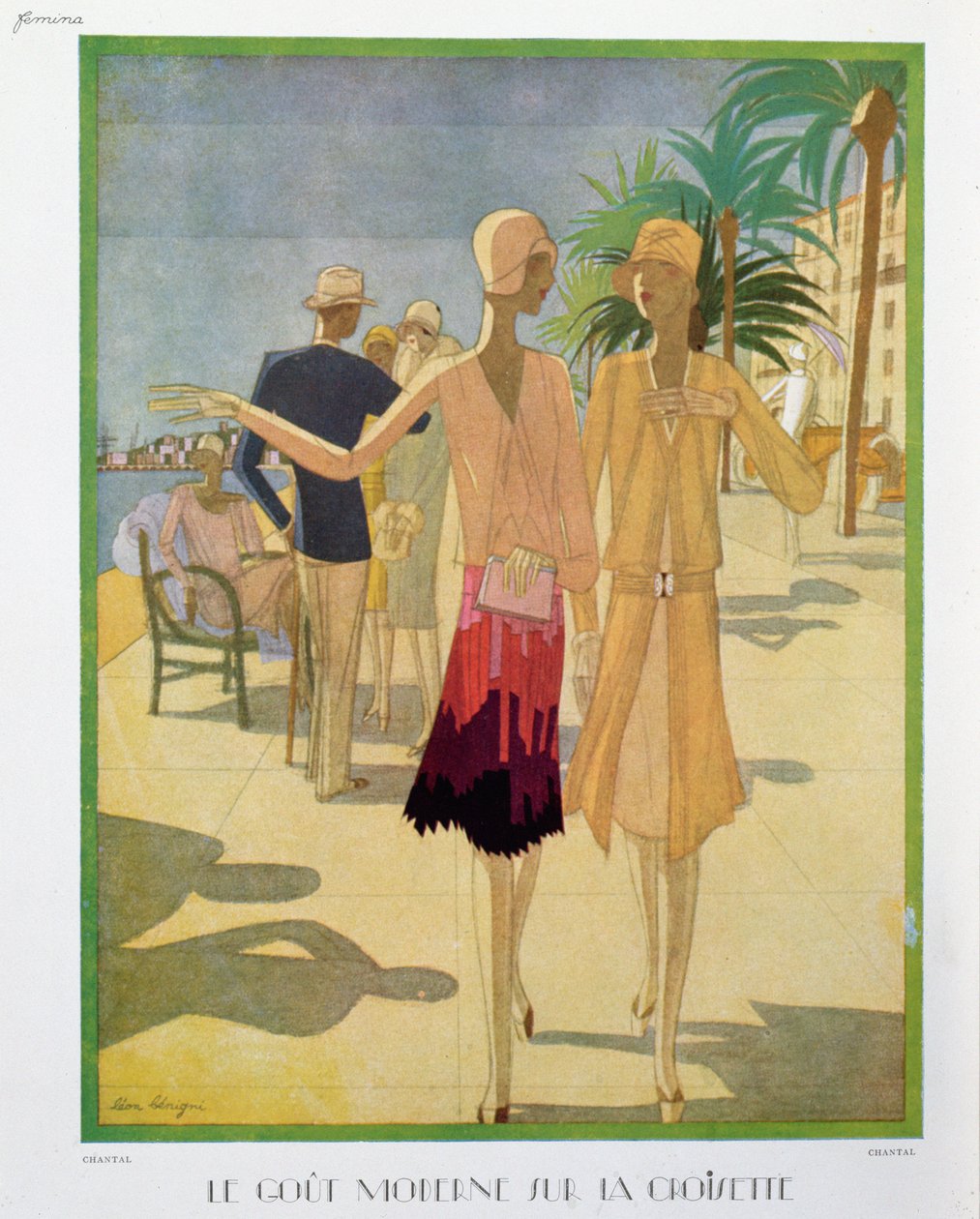 أشخاص من المألوف يتجولون في Croisette Promenade في مدينة كان ، رسم توضيحي من مجلة Femina ، عيد الميلاد عام 1927 (لون ليثو) بواسطة ليون بينيني