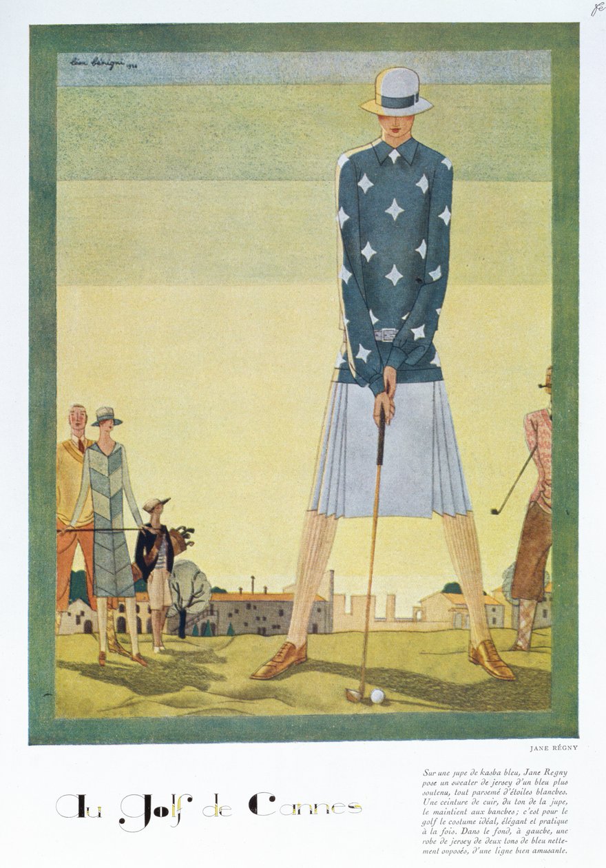 تصميم فستان الجولف من تصميم جين ريني ، لوحة أزياء من مجلة Femina ، عيد الميلاد عام 1926 (لون ليثو) بواسطة ليون بينيني