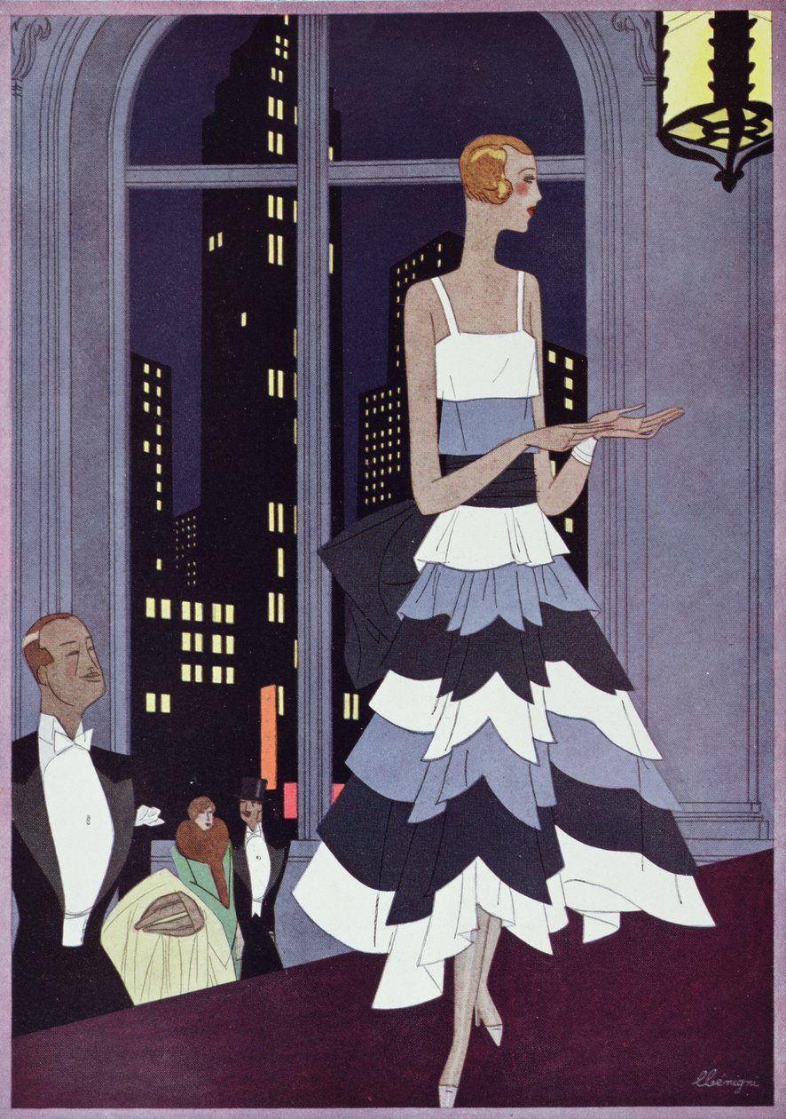 تحت أعين ناطحات السحاب في نيويورك ، لوحة أزياء من مجلة Femina ، ديسمبر 1928 (لون ليثو) بواسطة ليون بينيني