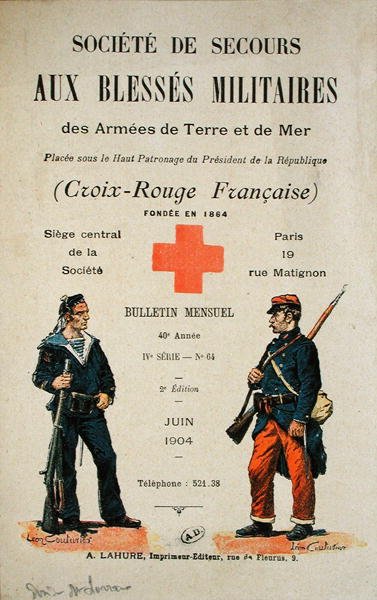غلاف النشرة الشهرية لـ "Societe de Secours aux Blesses Militaires des Armees de Terre et de Mer" ، يونيو 1904 (لون ليثو) بواسطة ليون كوتورييه