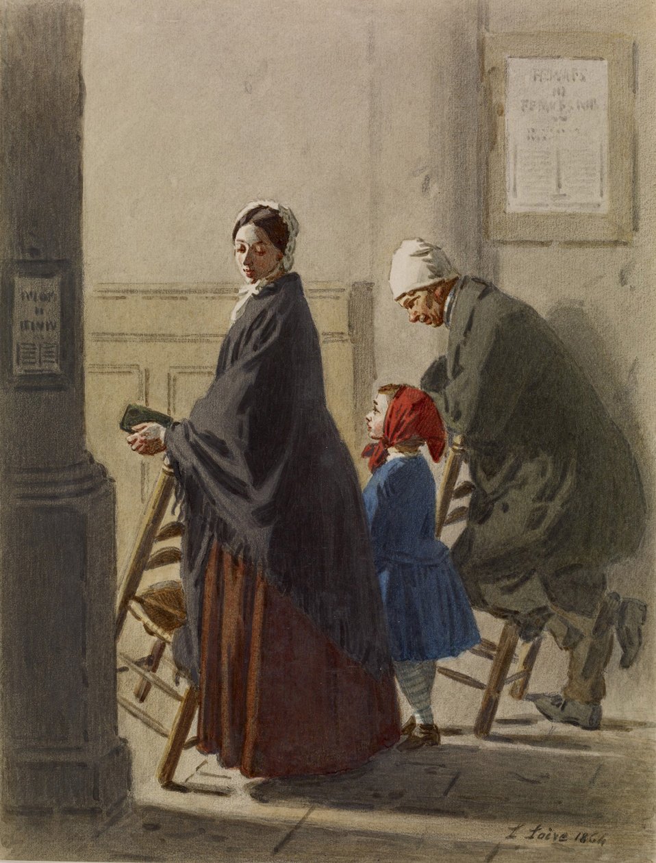 رجل وامرأة وفتاة في الصلاة في الكنيسة ، 1864 (مرحاض وجرافيت على ورق) بواسطة ليون هنري أنطوان لوار
